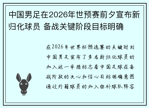 中国男足在2026年世预赛前夕宣布新归化球员 备战关键阶段目标明确
