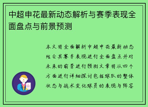 中超申花最新动态解析与赛季表现全面盘点与前景预测